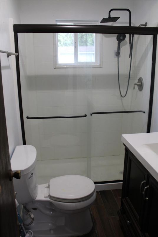 Bathroom, Glass Shower, Interior, Wood Texture Flooring