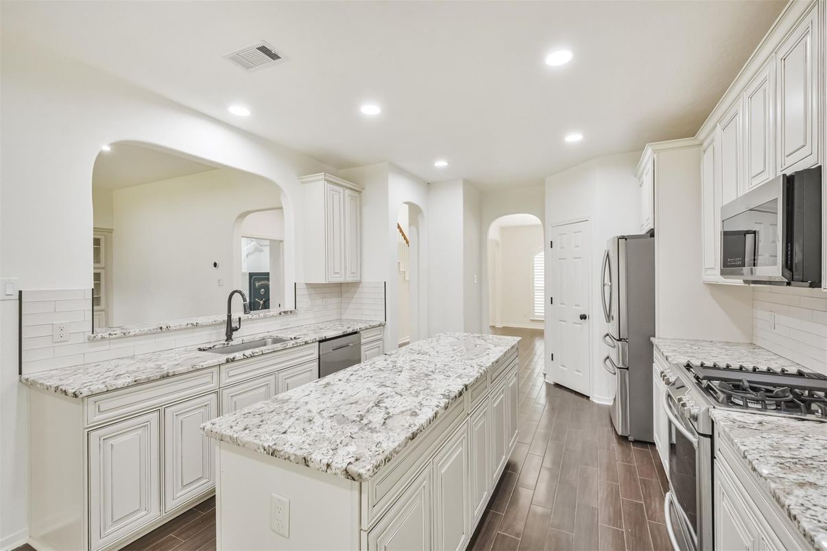 Interior, Kitchen, Recessed Lighting, Stainless Steel Appliances, Wood Texture Flooring