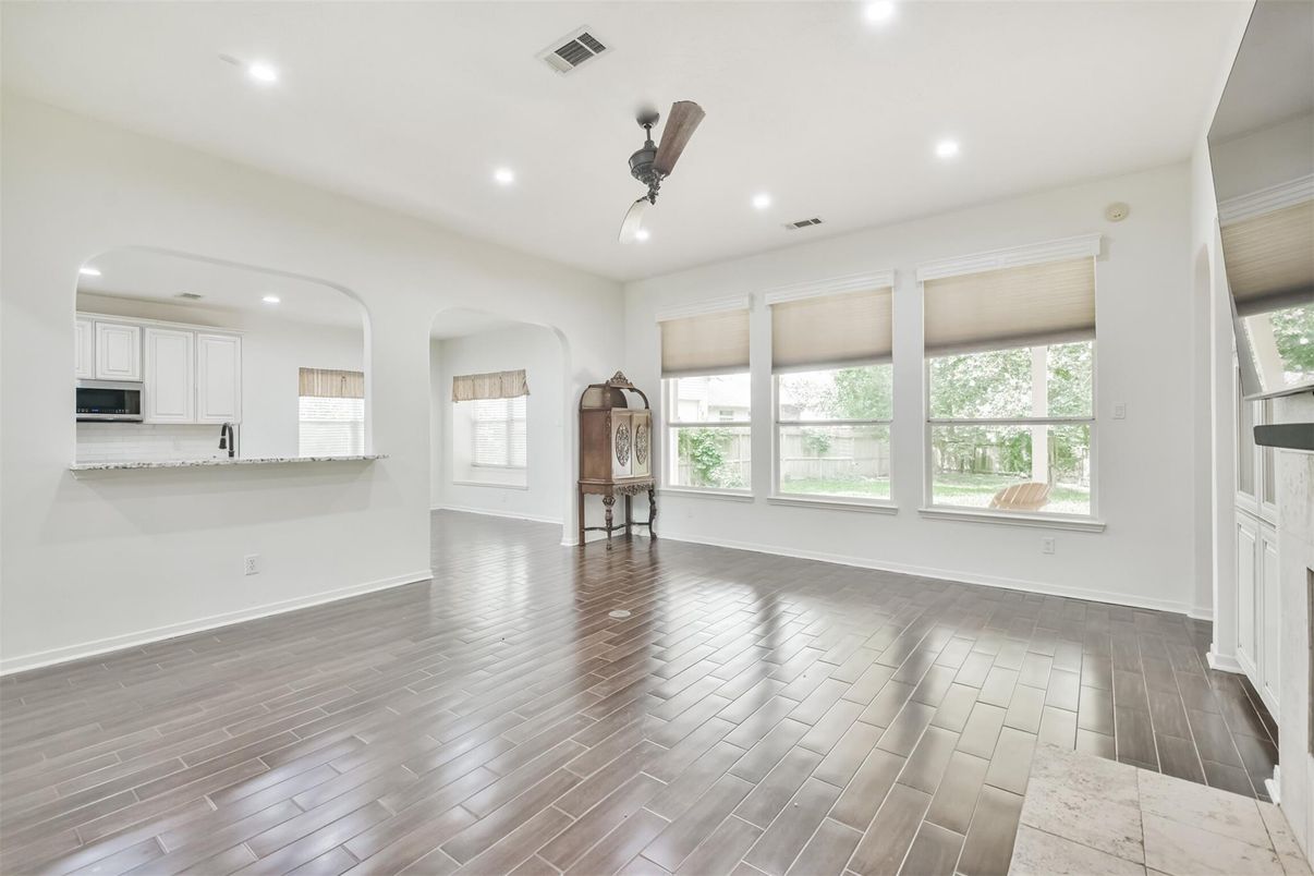 Empty room, Interior, Kitchen, Pendant Lights, Recessed Lighting, Wood Texture Flooring