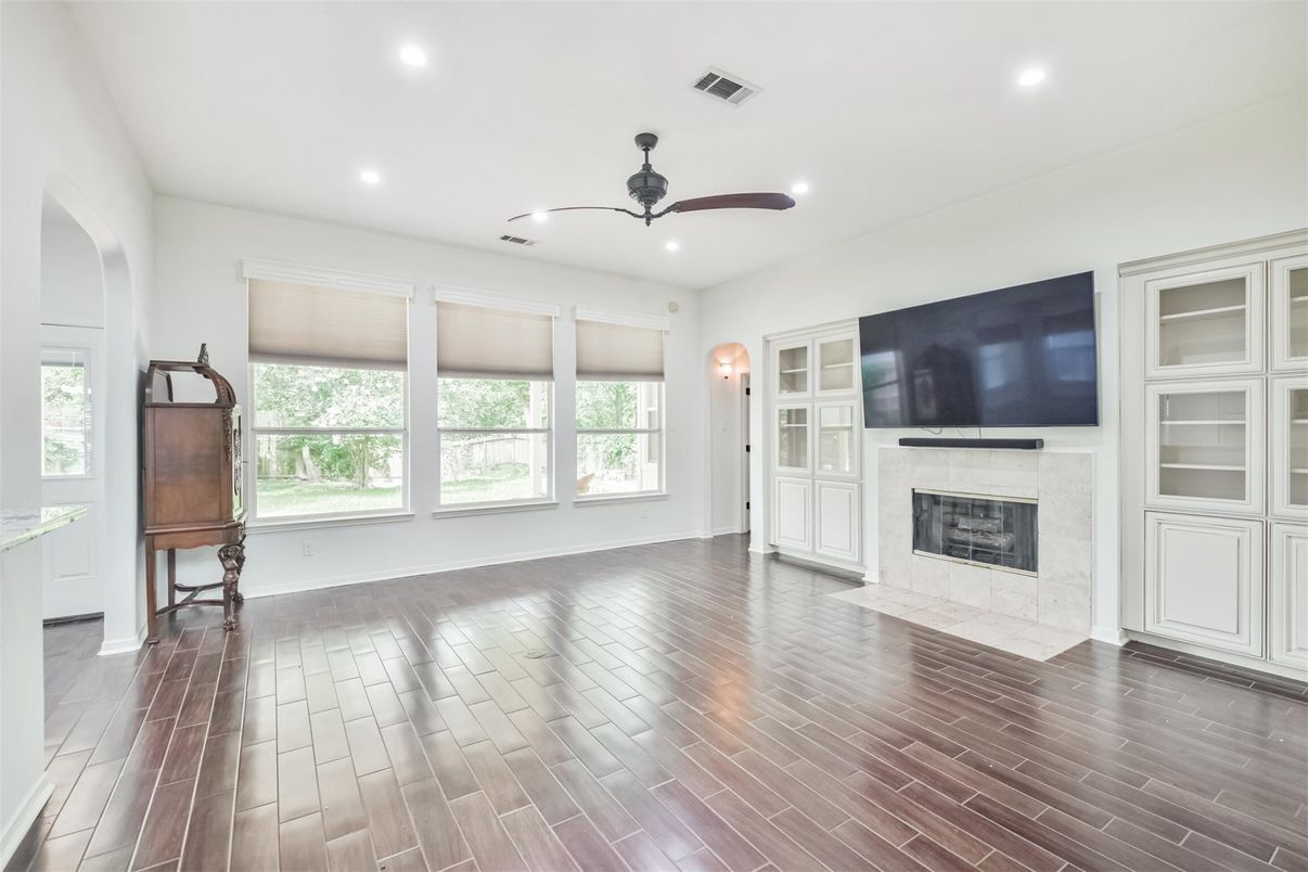 Empty room, Fireplace, Interior, Recessed Lighting, Wood Texture Flooring