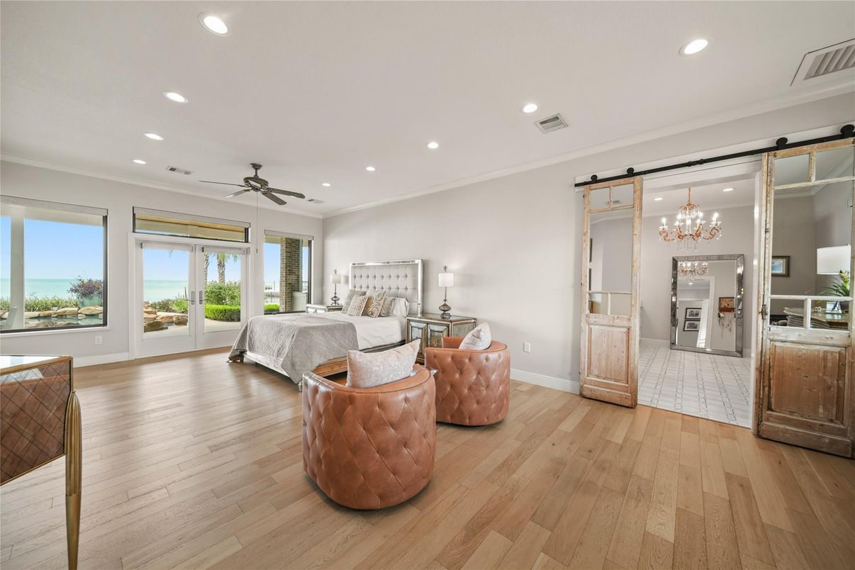 Bedroom, Chandelier, Interior, Recessed Lighting, Wood Texture Flooring