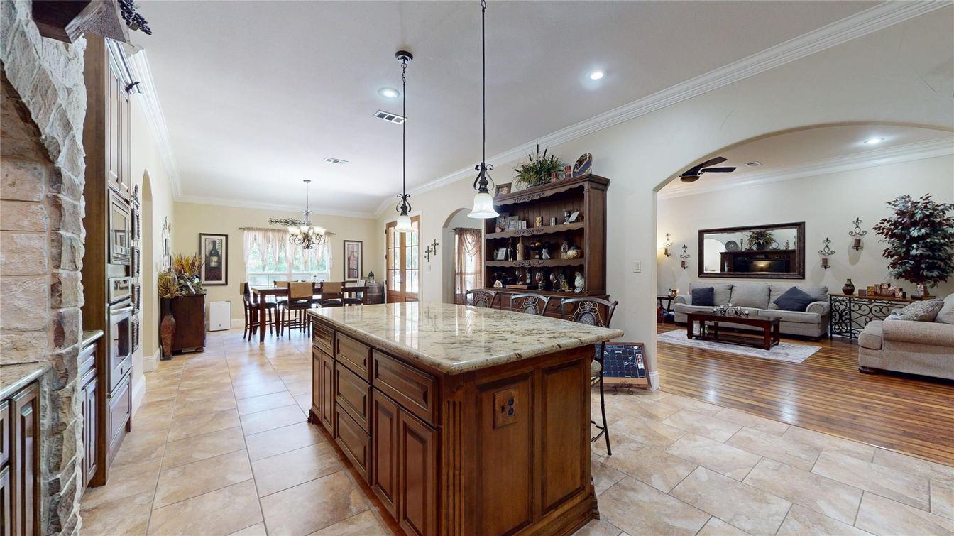 Chandelier, Dining room, Interior, Kitchen, Living room, Pendant Lights, Recessed Lighting, Wood Texture Flooring
