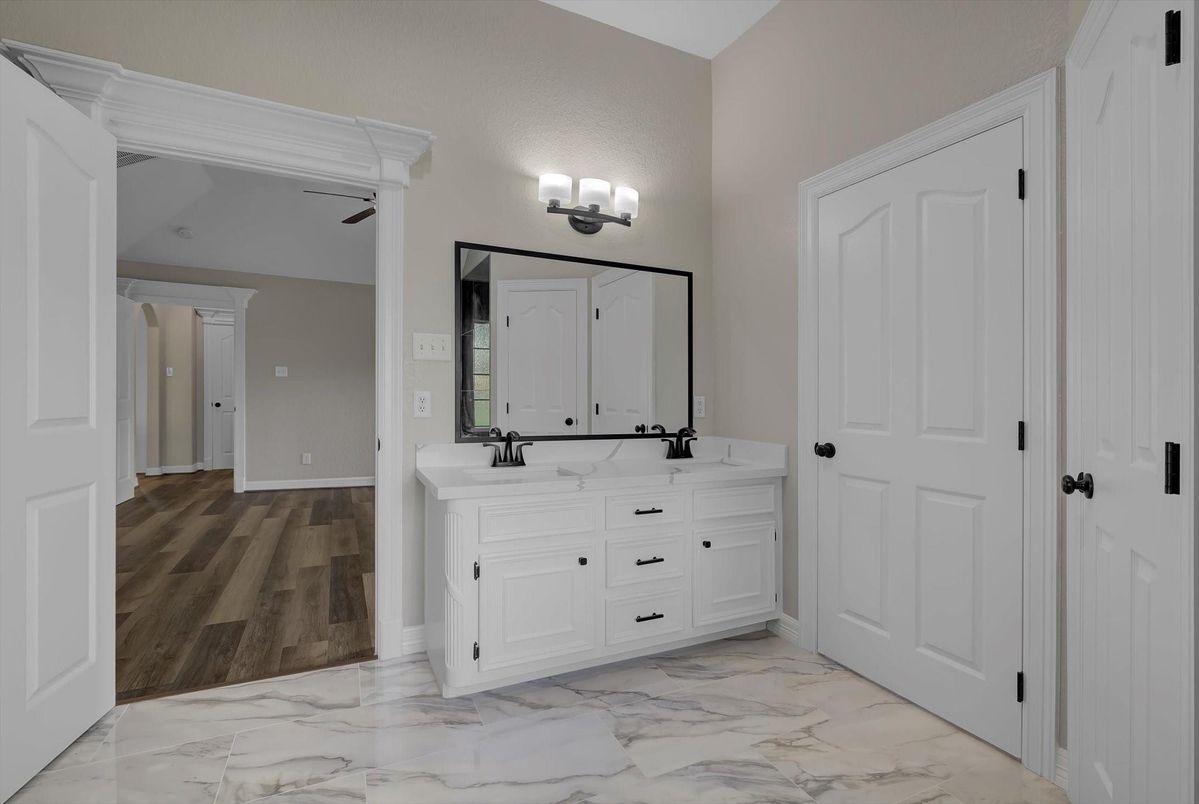 Bathroom, Dual Sink Vanities, Interior, Marble, Wood Texture Flooring