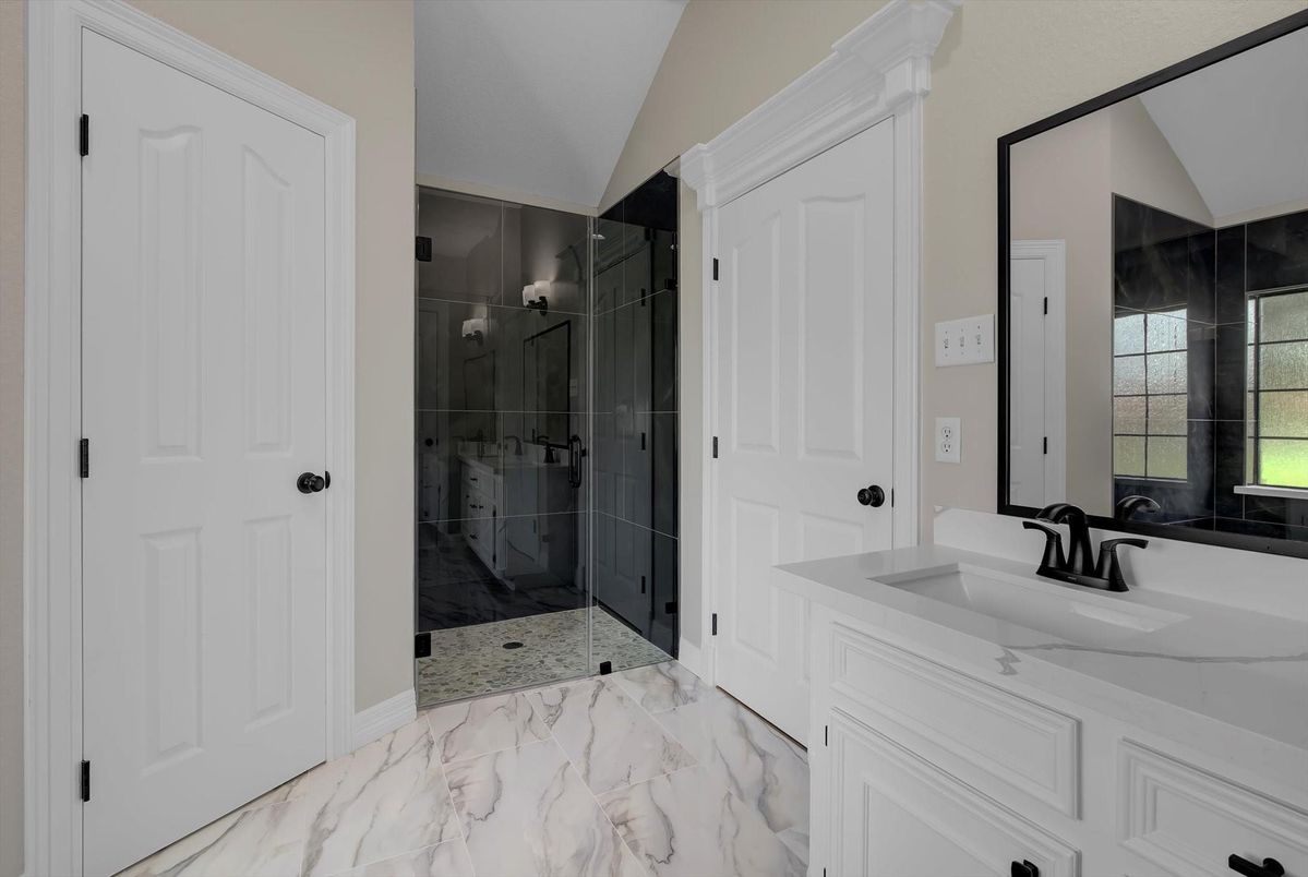 Bathroom, Dual Sink Vanities, Glass Shower, Interior, Marble