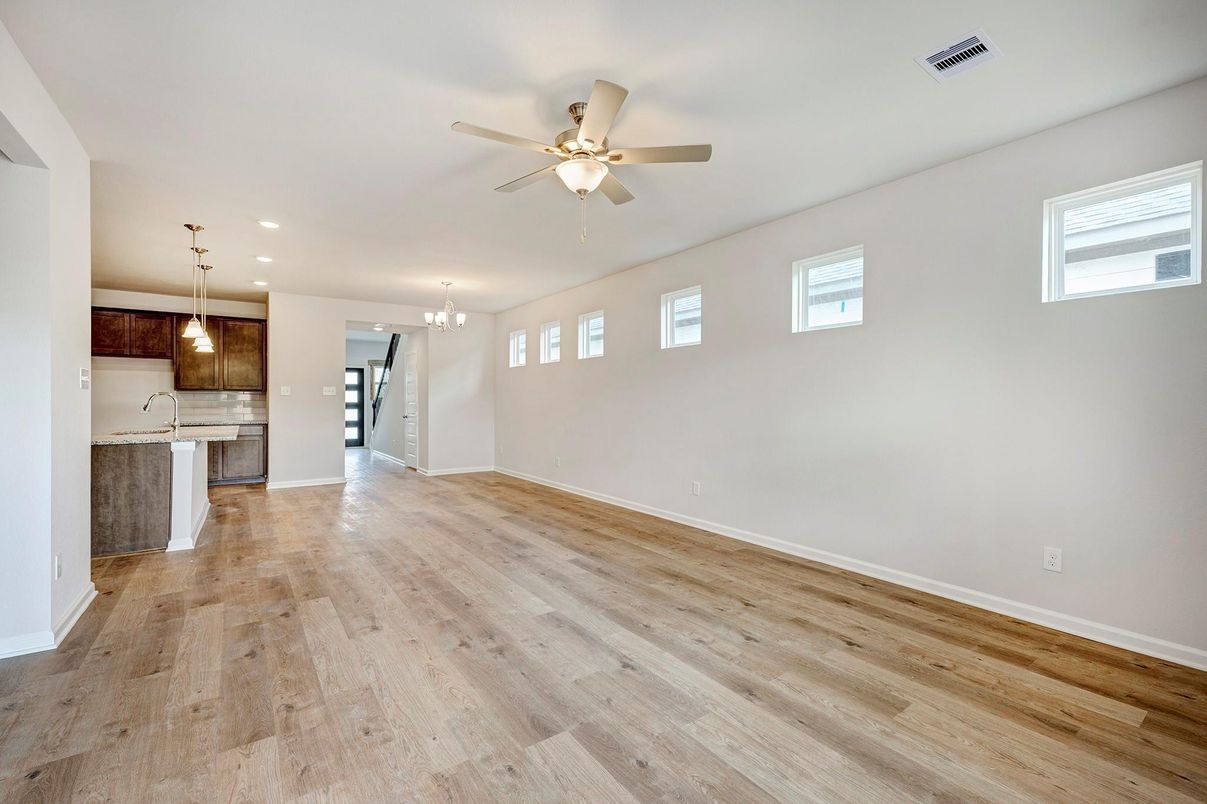 Chandelier, Empty room, Interior, Kitchen, Pendant Lights, Recessed Lighting, Wood Texture Flooring