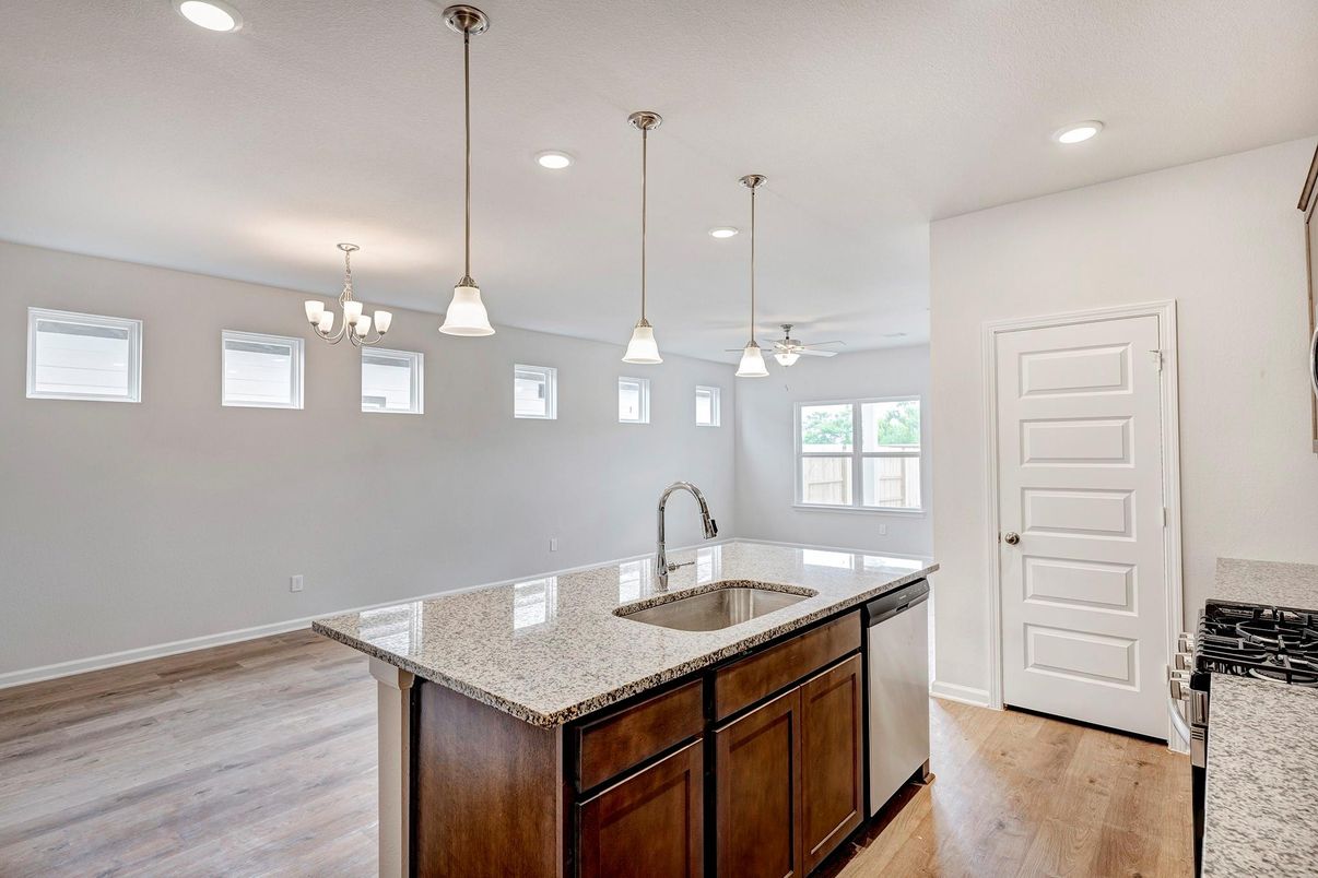 Chandelier, Interior, Kitchen, Pendant Lights, Recessed Lighting, Wood Texture Flooring