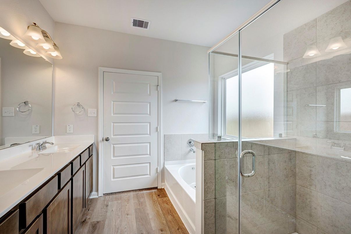 Bathroom, Dual Sink Vanities, Glass Shower, Interior, Wood Texture Flooring