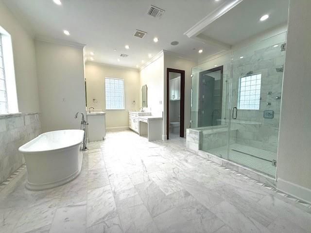 Bathroom, Free Standing Baths, Glass Shower, Interior, Marble, Marble Walls, Recessed Lighting