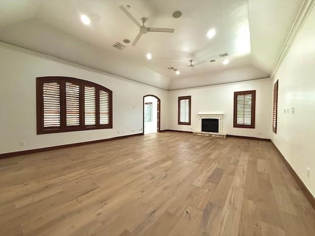 Empty room, Fireplace, Interior, Recessed Lighting, Wood Texture Flooring