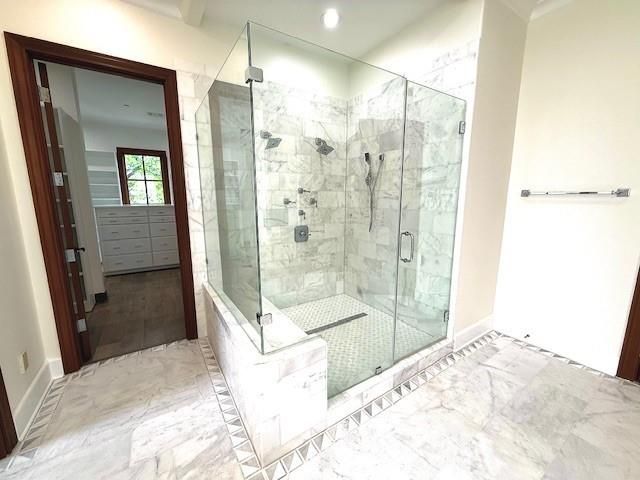 Bathroom, Glass Shower, Interior, Marble, Marble Walls, Recessed Lighting