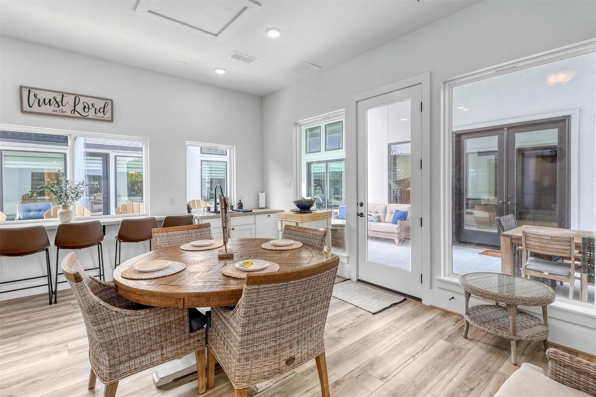 Dining room, Interior, Recessed Lighting, Wood Texture Flooring