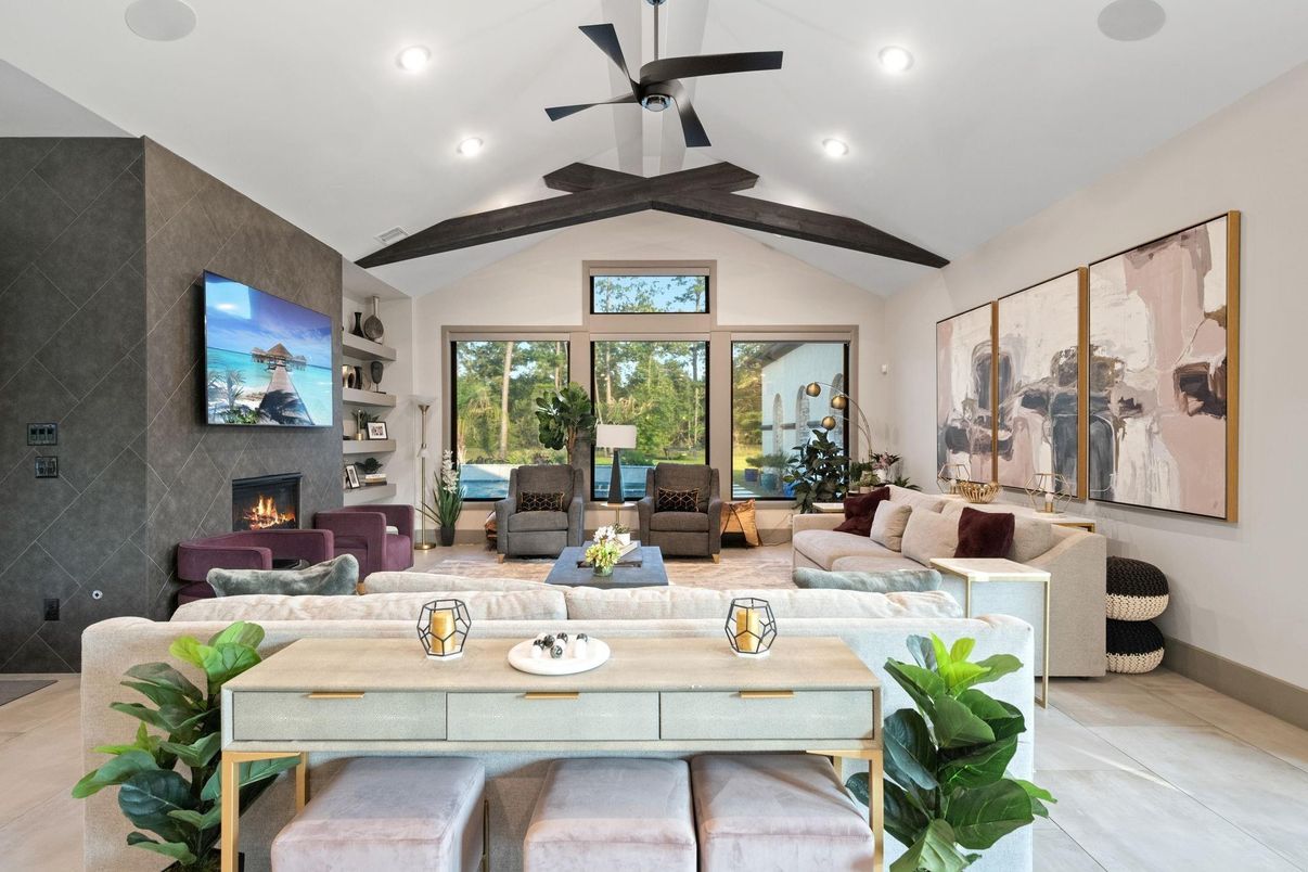Dining room, Fireplace, Interior, Living room, Recessed Lighting, Wooden Beams