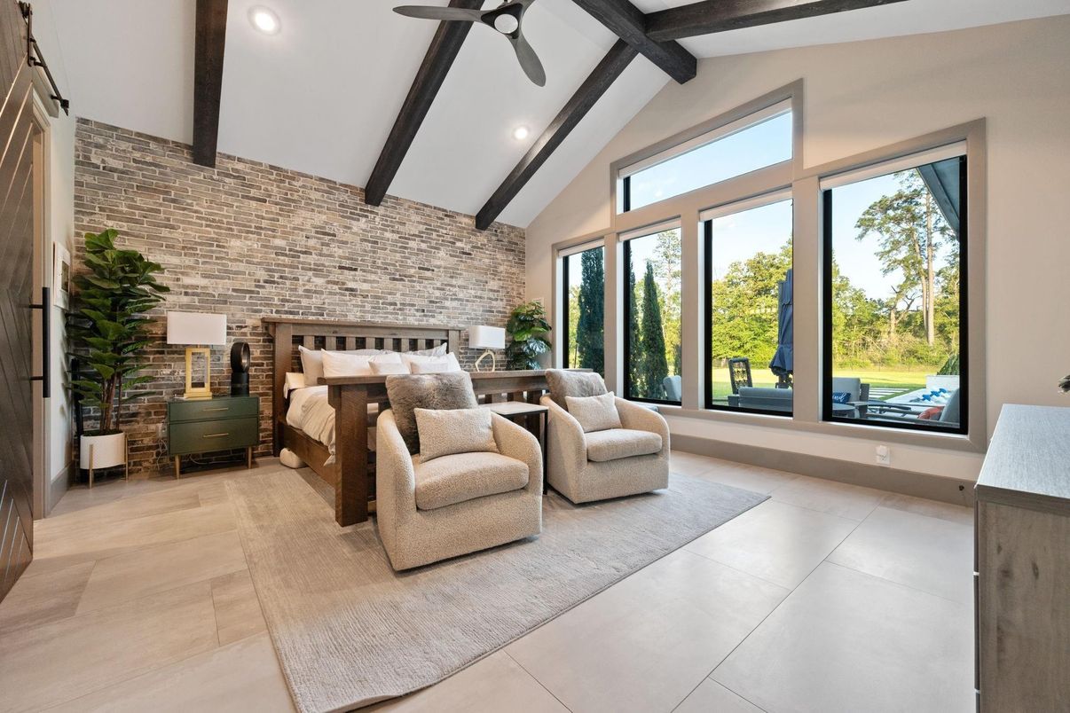 Bedroom, Interior, Recessed Lighting, Stone Walls, Wooden Beams