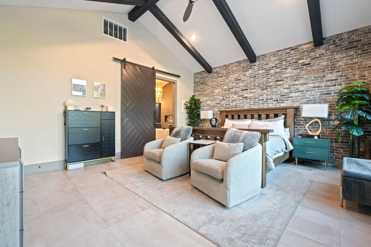 Bedroom, Interior, Recessed Lighting, Stone Walls, Wooden Beams