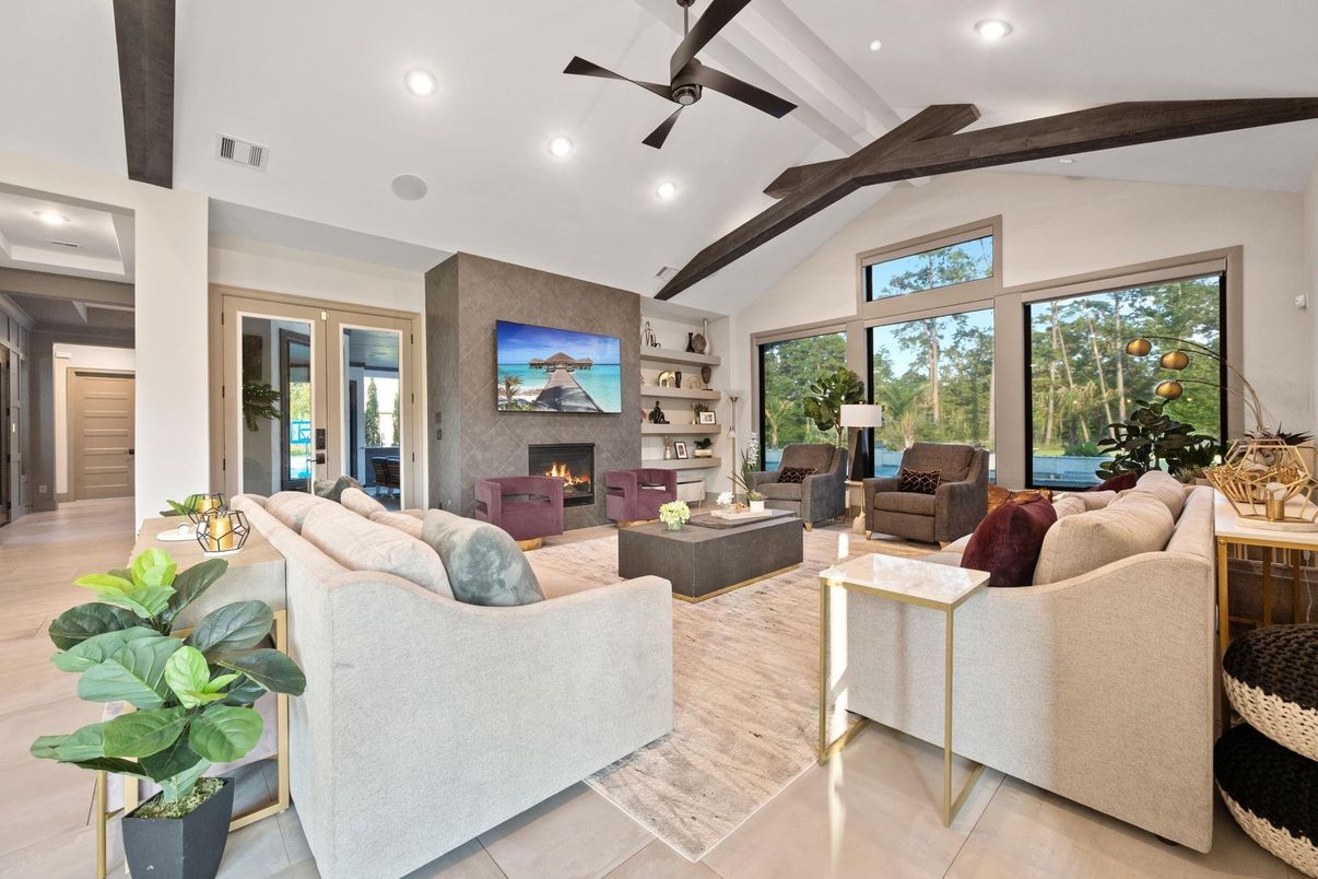 Fireplace, Interior, Living room, Recessed Lighting, Wooden Beams, Wood Texture Flooring
