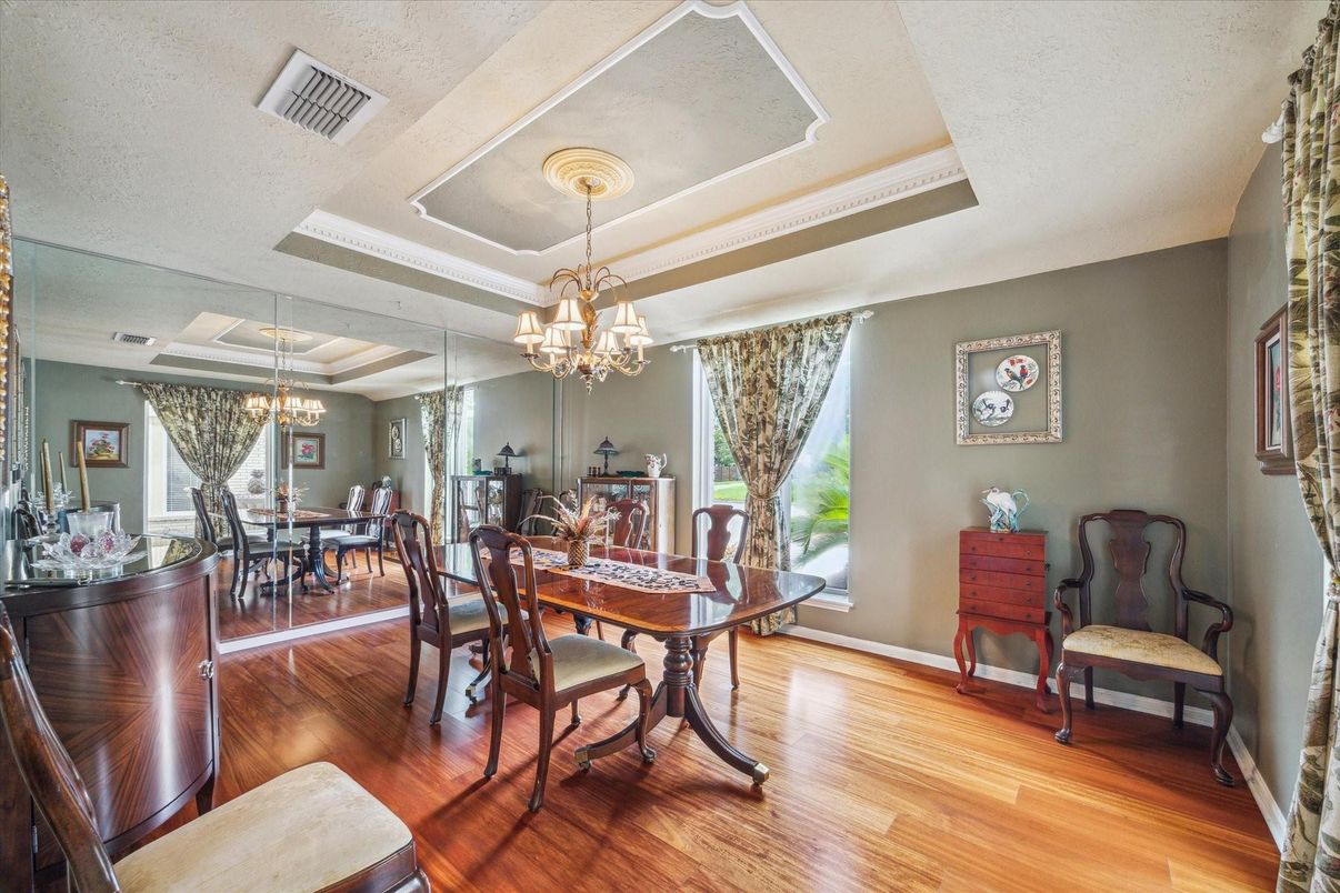 Chandelier, Dining room, Interior, Wood Texture Flooring