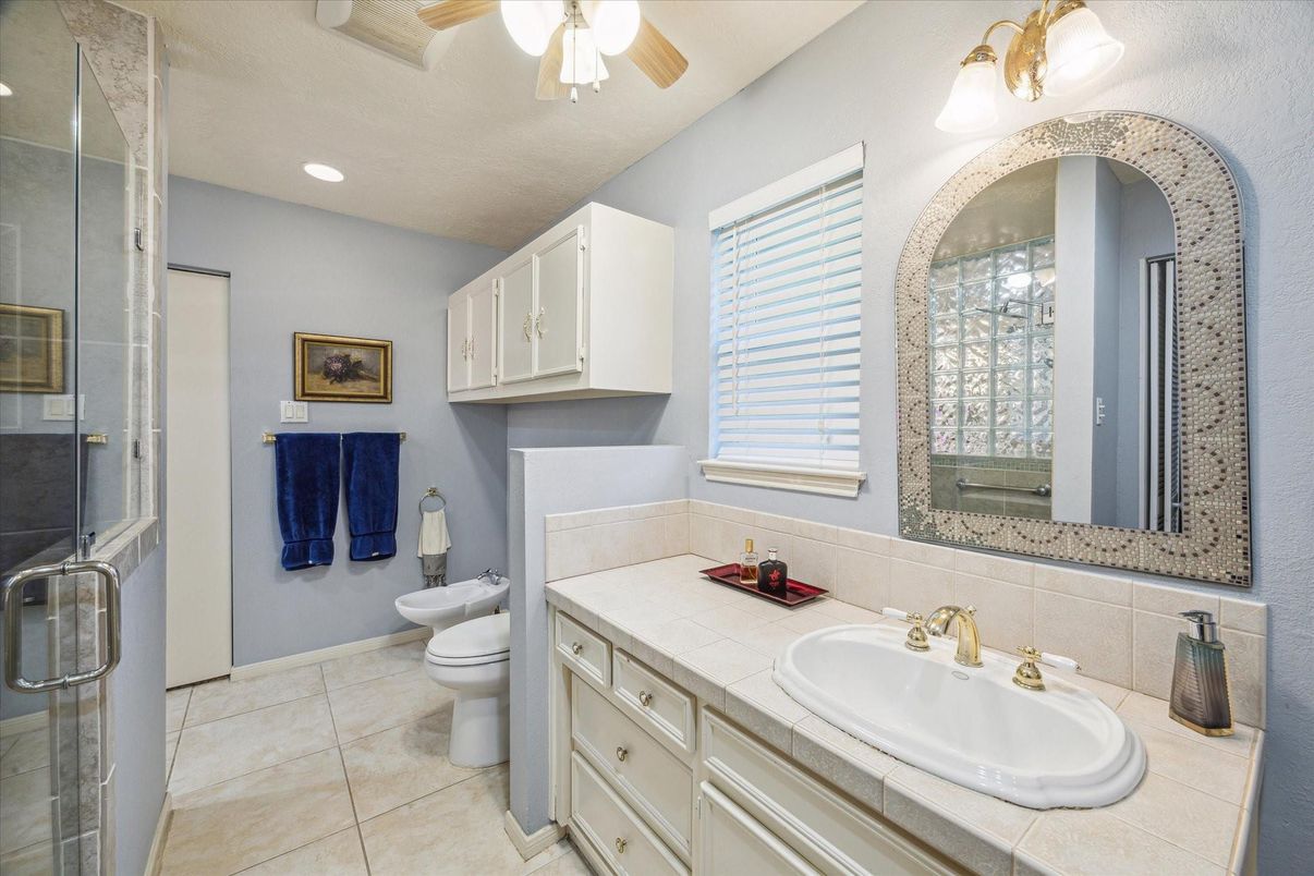 Bathroom, Glass Shower, Interior, Recessed Lighting, Tile Countertops