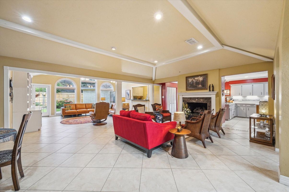 Dining room, Fireplace, Interior, Living room, Recessed Lighting