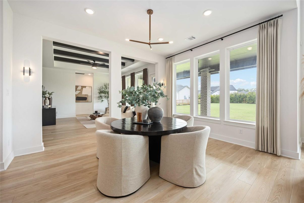 Dining room, Interior, Pendant Lights, Recessed Lighting, Wood Texture Flooring