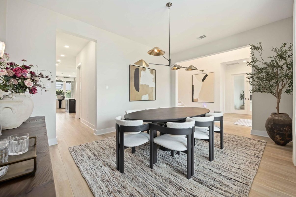 Dining room, Interior, Pendant Lights, Recessed Lighting, Wood Texture Flooring