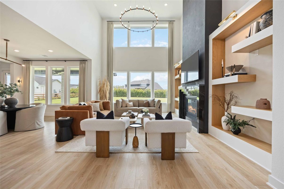 Fireplace, Interior, Living room, Pendant Lights, Recessed Lighting, Wood Texture Flooring