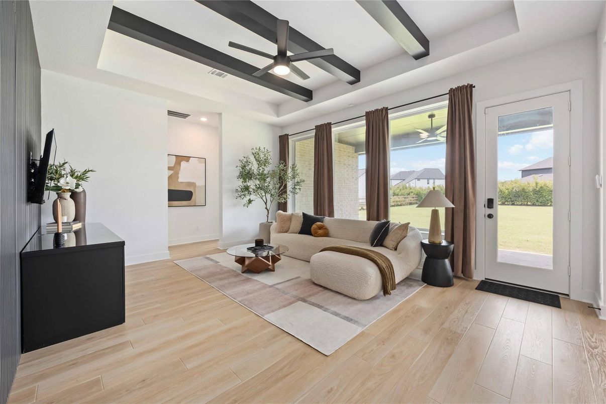 Interior, Living room, Recessed Lighting, Wooden Beams, Wood Texture Flooring