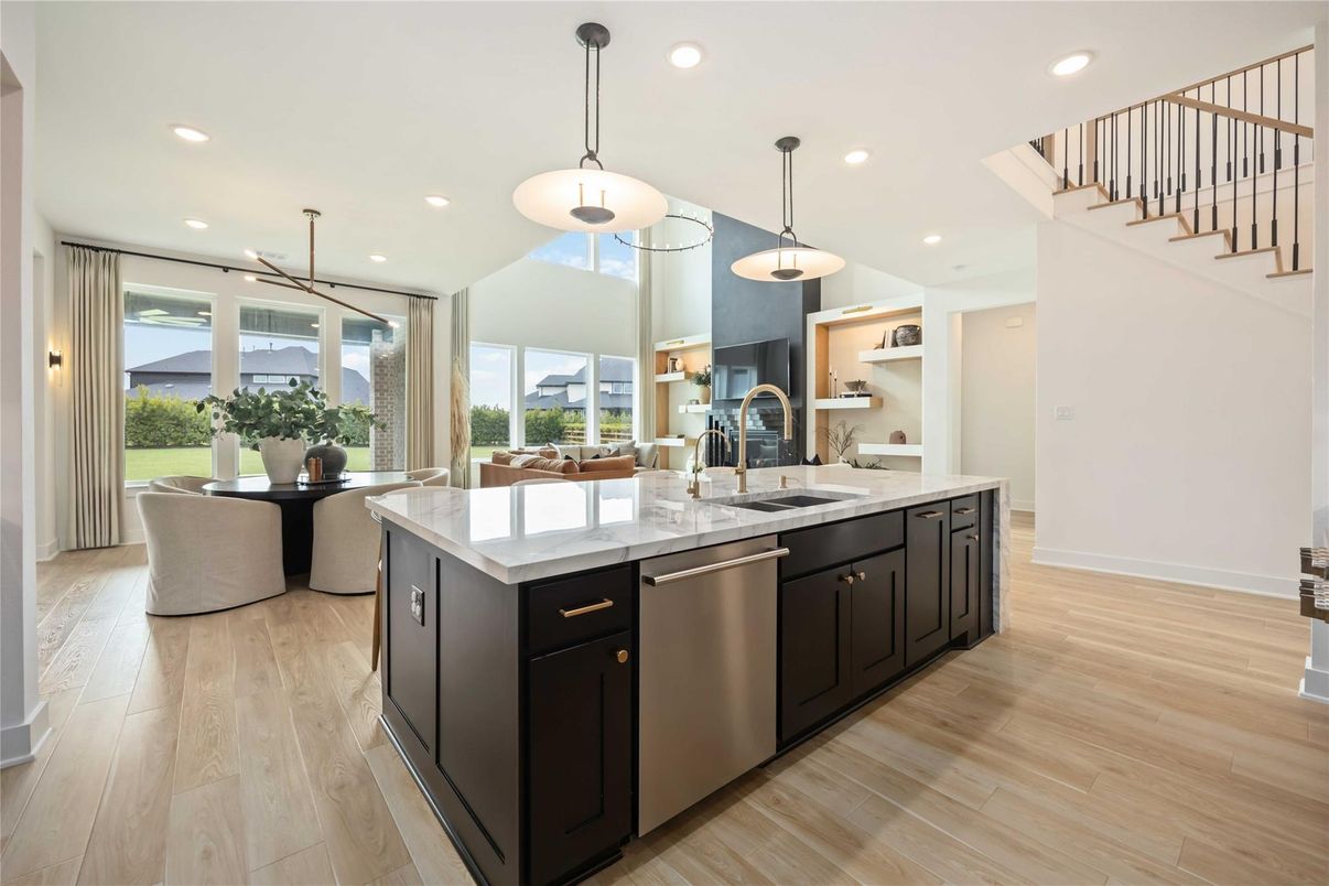 Dining room, Interior, Kitchen, Pendant Lights, Recessed Lighting, Stainless Steel Appliances, Wood Texture Flooring