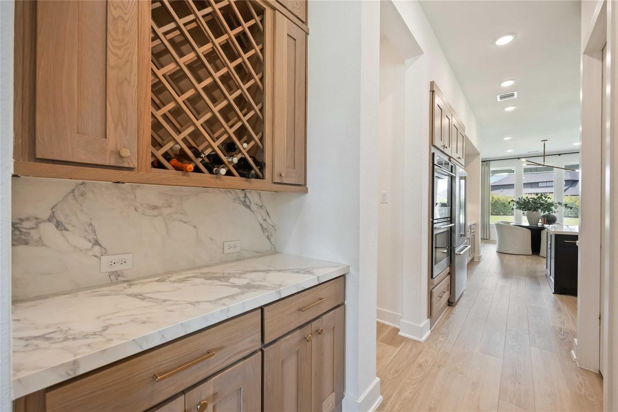 Interior, Kitchen, Marble Walls, Pendant Lights, Recessed Lighting, Wine Storage, Wood Texture Flooring