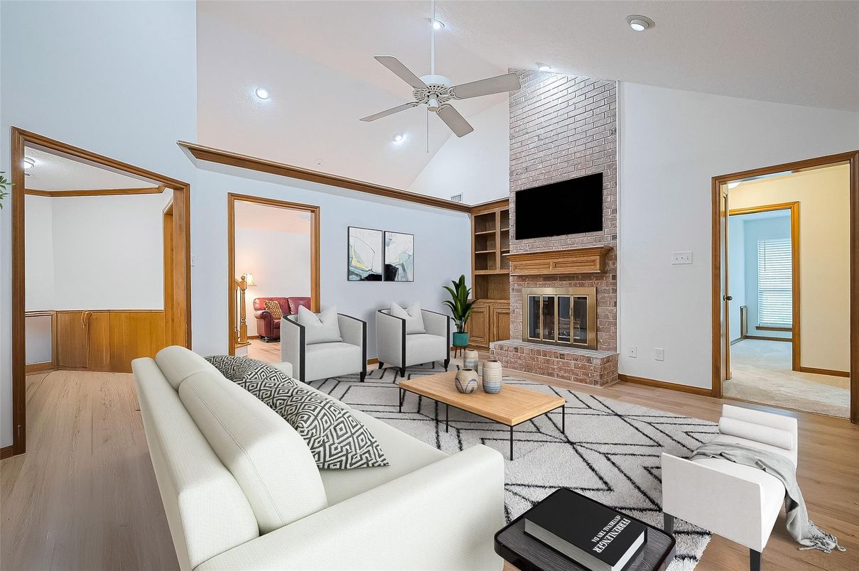 Fireplace, Interior, Living room, Recessed Lighting, Wood Texture Flooring