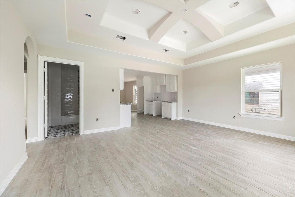 Empty room, Interior, Kitchen, Recessed Lighting, Wood Texture Flooring