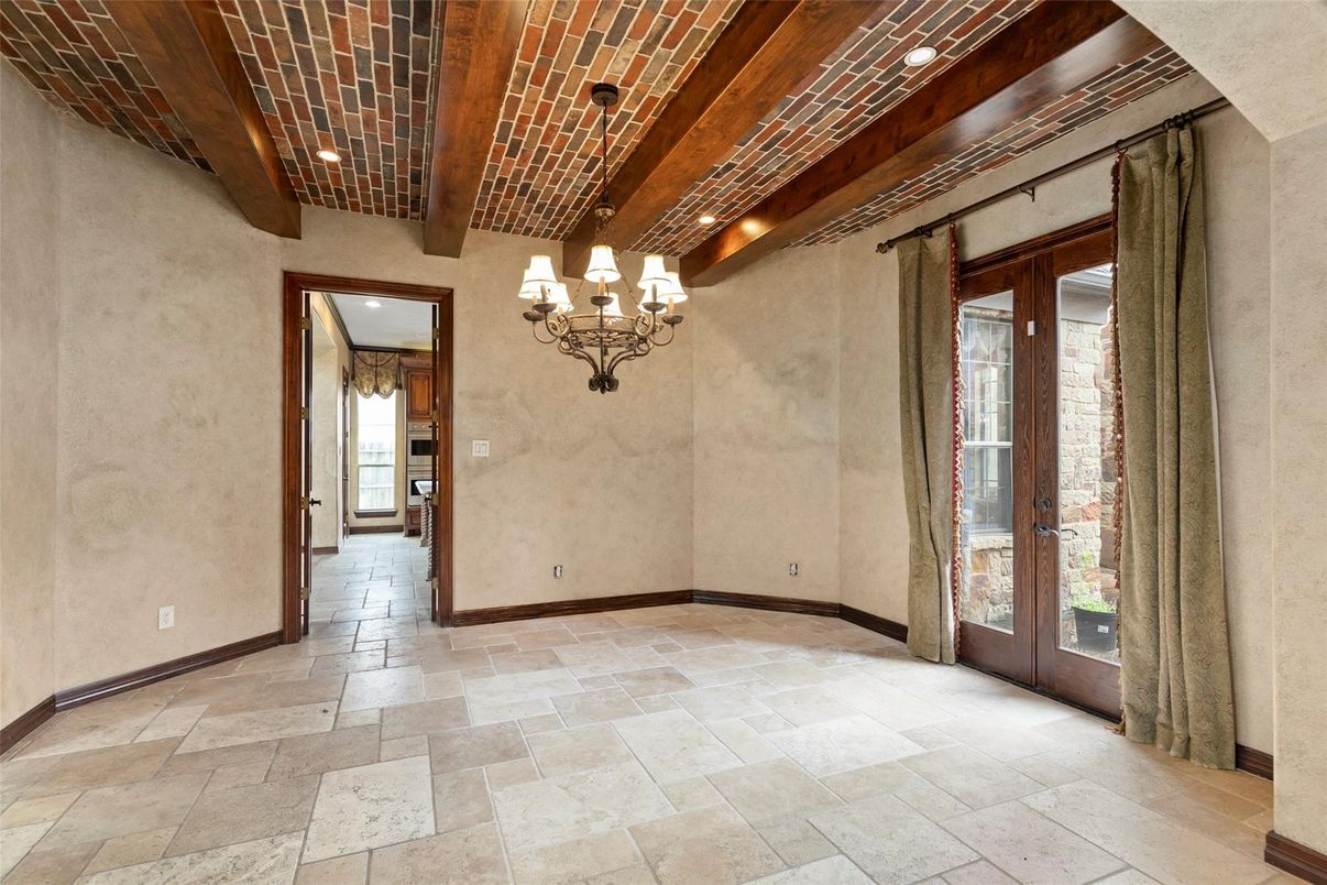Chandelier, Empty room, Interior, Recessed Lighting, Wooden Beams, Wooden Ceilings