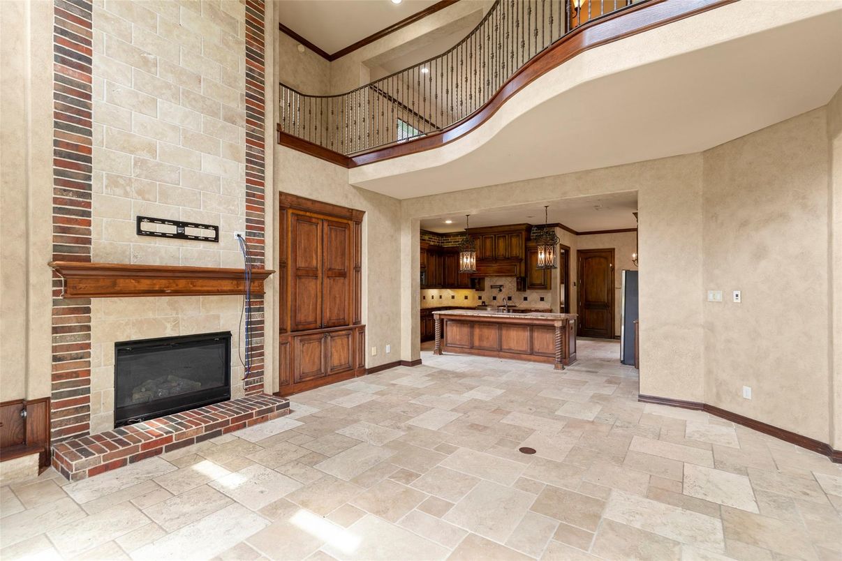 Fireplace, Interior, Kitchen, Pendant Lights, Recessed Lighting, Stone Walls