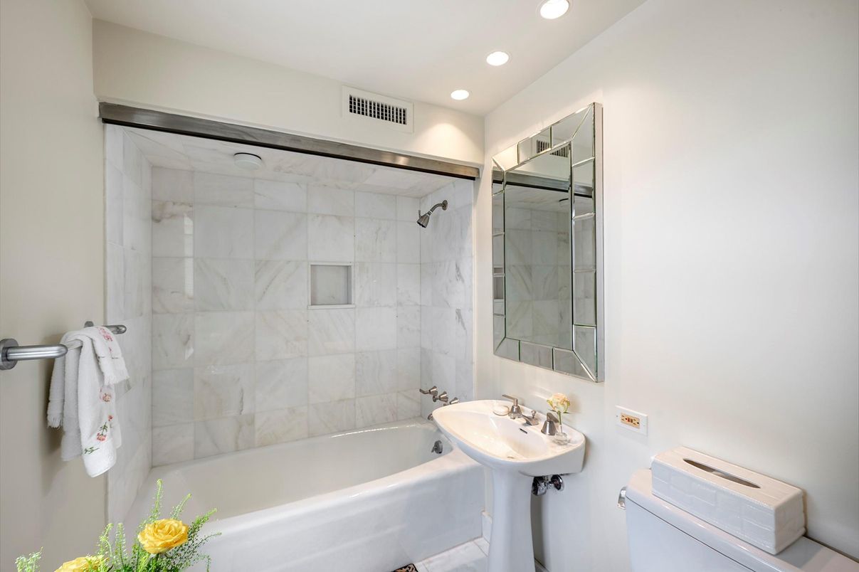 Bathroom, Glass Shower, Interior, Marble Walls, Recessed Lighting