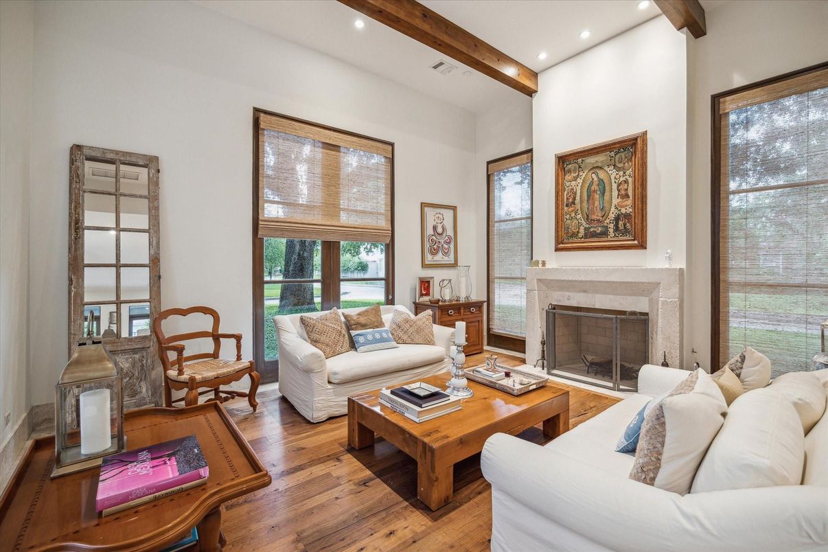 Fireplace, Interior, Living room, Recessed Lighting, Wooden Beams, Wood Texture Flooring
