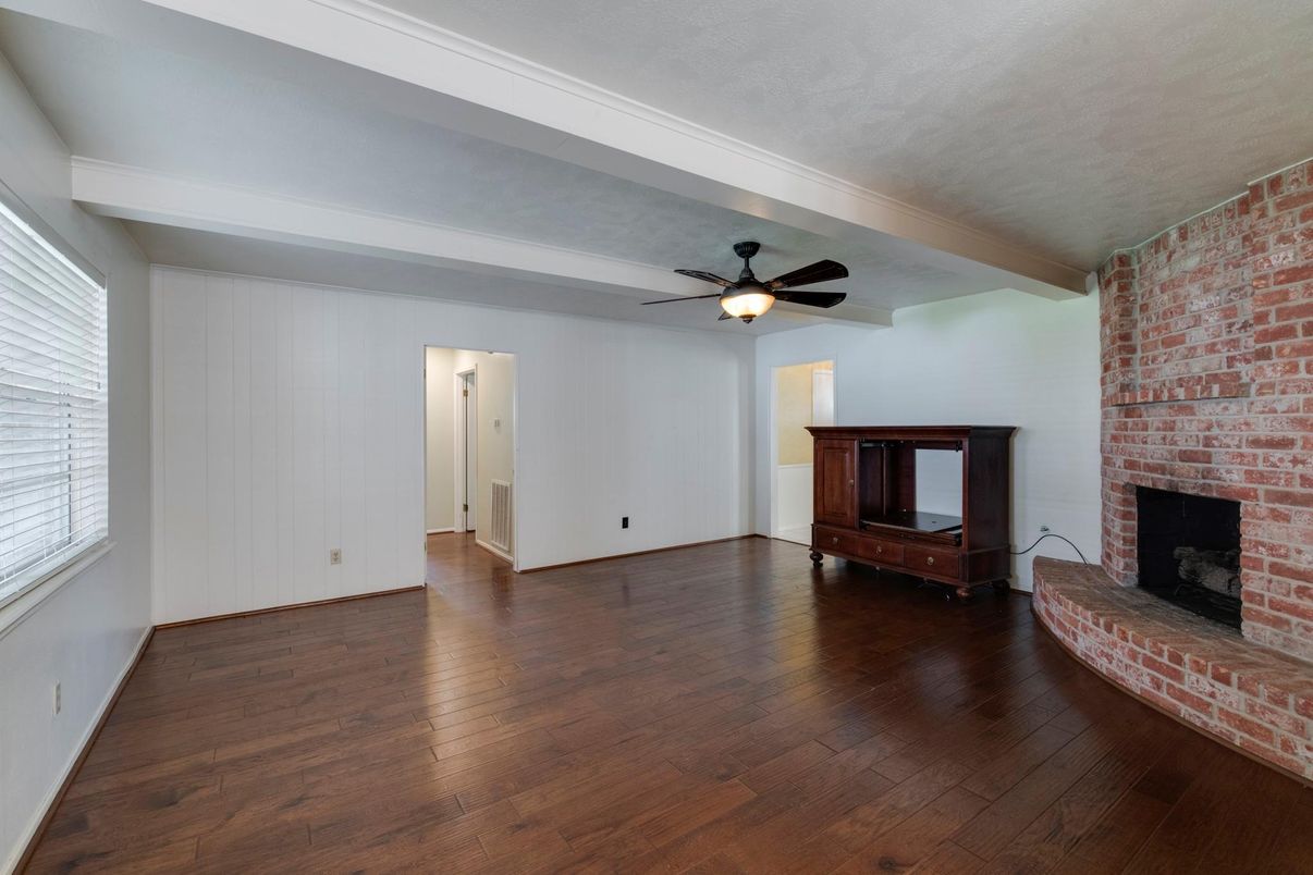 Empty room, Fireplace, Interior, Stone Walls, Wood Texture Flooring