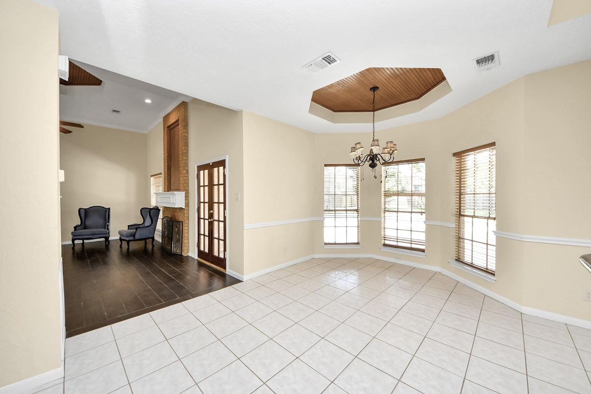 Chandelier, Empty room, Fireplace, Interior, Recessed Lighting, Wooden Ceilings