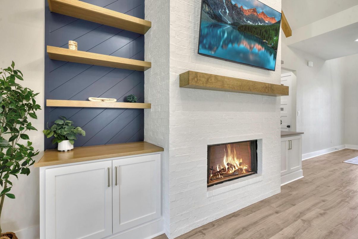 Fireplace, Interior, Recessed Lighting, Wood Texture Flooring