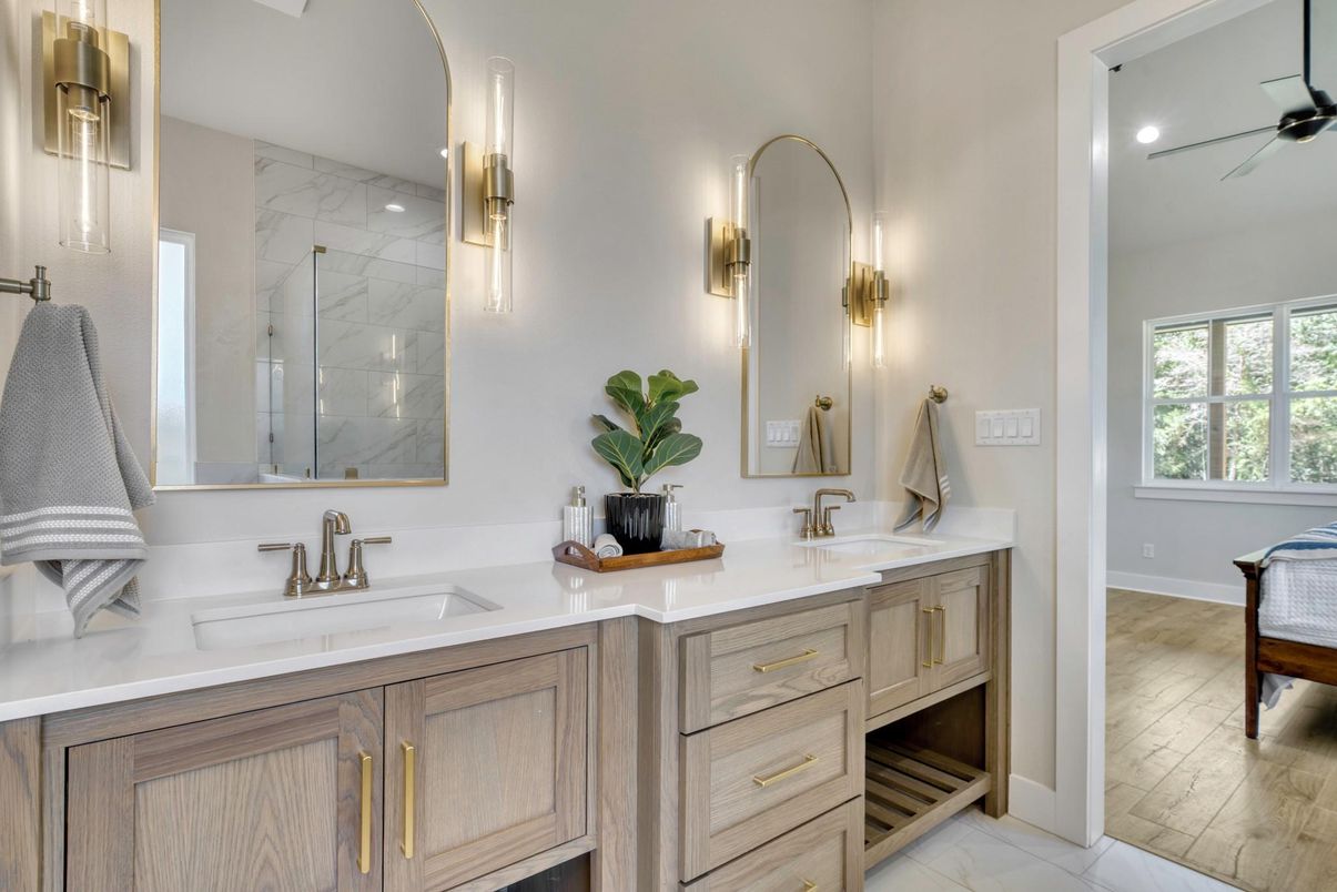 Bathroom, Dual Sink Vanities, Glass Shower, Interior, Marble, Marble Walls, Recessed Lighting, Wood Texture Flooring