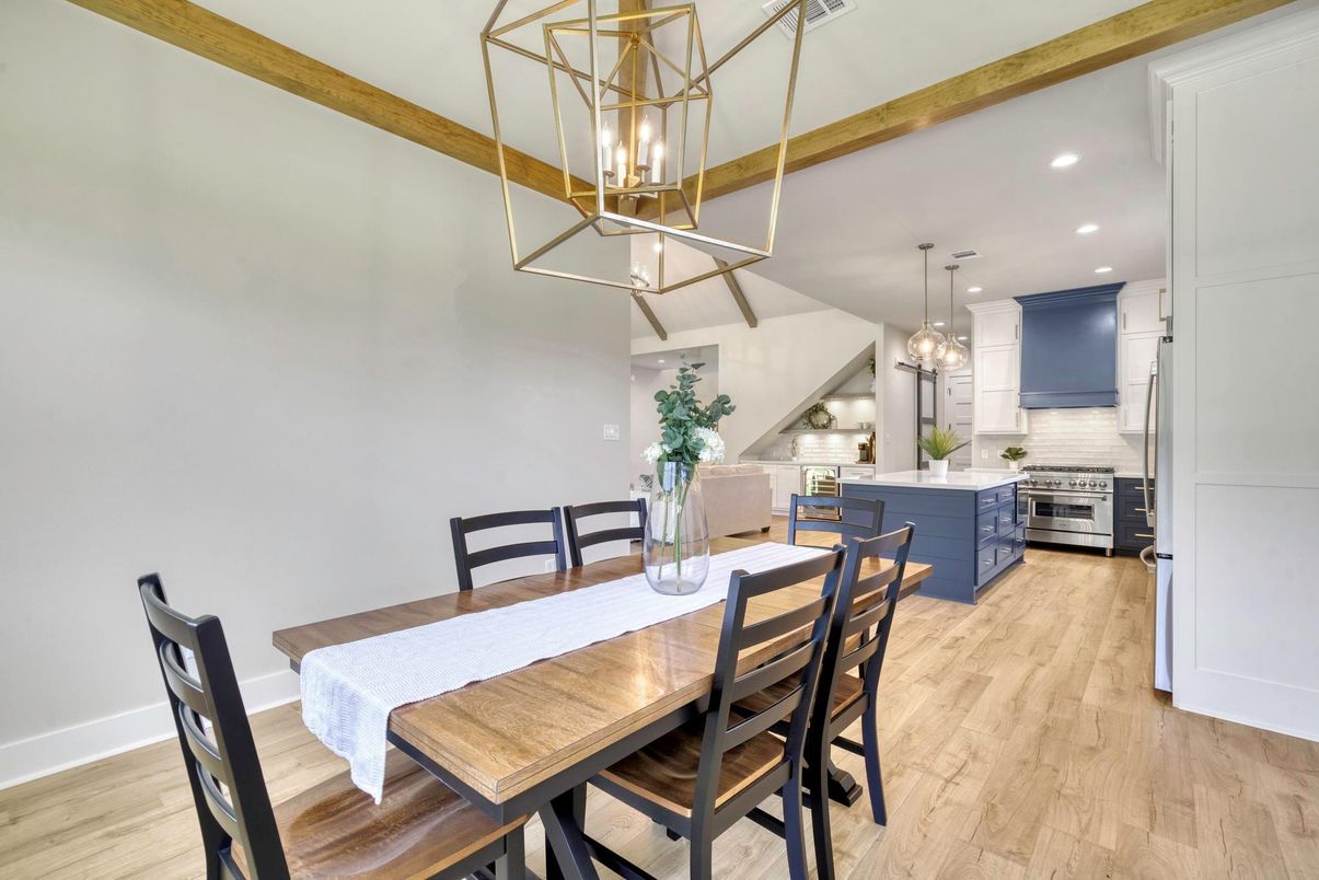 Dining room, Interior, Kitchen, Pendant Lights, Recessed Lighting, Stainless Steel Appliances, Wooden Beams, Wood Texture Flooring