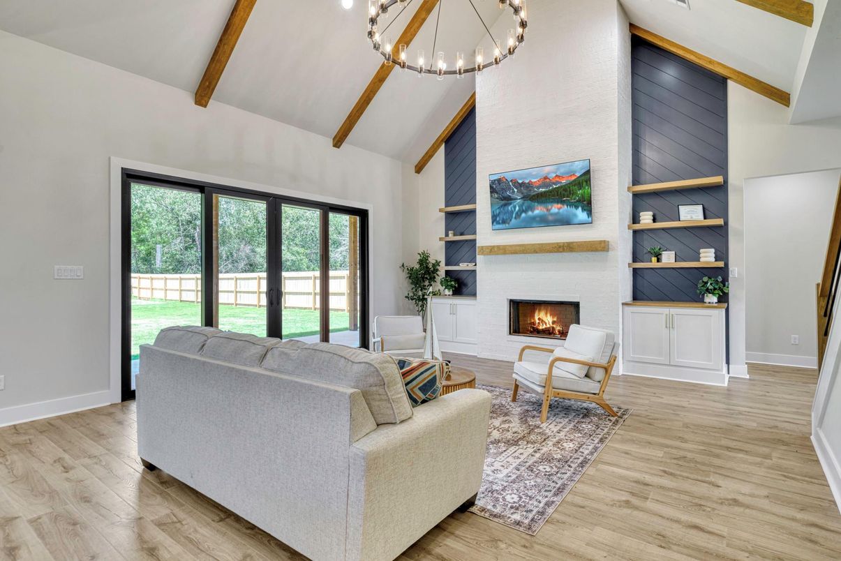 Fireplace, Interior, Living room, Pendant Lights, Wooden Beams, Wood Texture Flooring