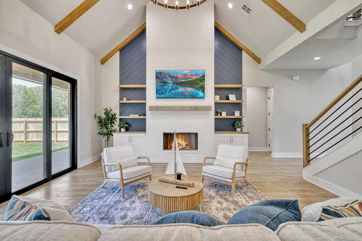 Fireplace, Interior, Living room, Recessed Lighting, Wooden Beams, Wood Texture Flooring