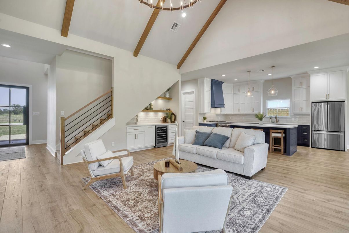 Interior, Kitchen, Living room, Pendant Lights, Recessed Lighting, Stainless Steel Appliances, Wooden Beams, Wood Texture Flooring