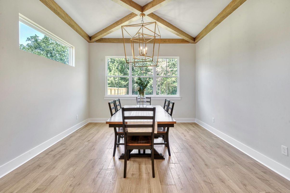 Dining room, Interior, Pendant Lights, Wooden Beams, Wood Texture Flooring