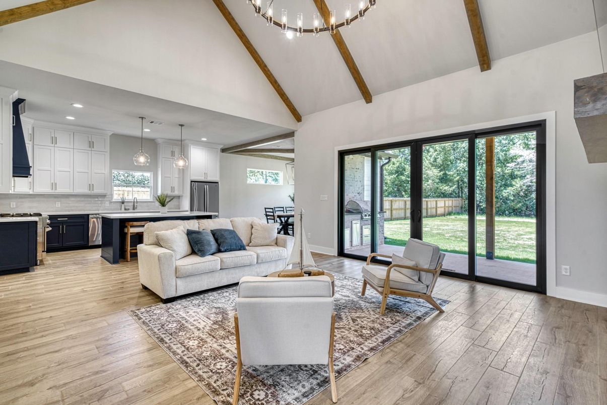 Interior, Kitchen, Living room, Pendant Lights, Recessed Lighting, Wooden Beams, Wood Texture Flooring