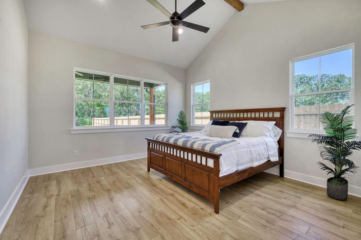 Bedroom, Interior, Recessed Lighting, Wooden Beams, Wood Texture Flooring