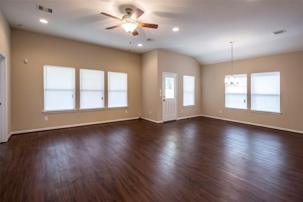 Chandelier, Empty room, Interior, Recessed Lighting, Wood Texture Flooring