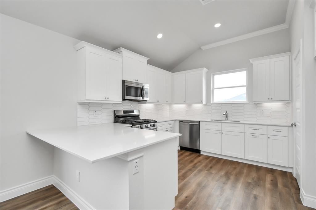 Interior, Kitchen, Recessed Lighting, Stainless Steel Appliances, Wood Texture Flooring