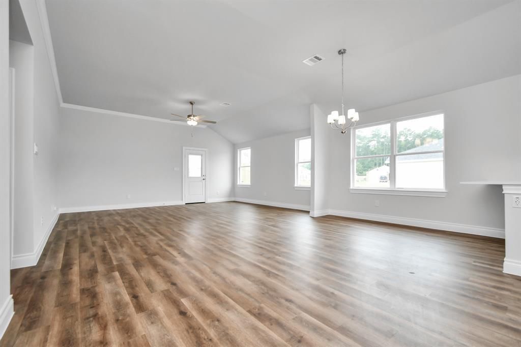 Chandelier, Empty room, Interior, Pendant Lights, Wood Texture Flooring