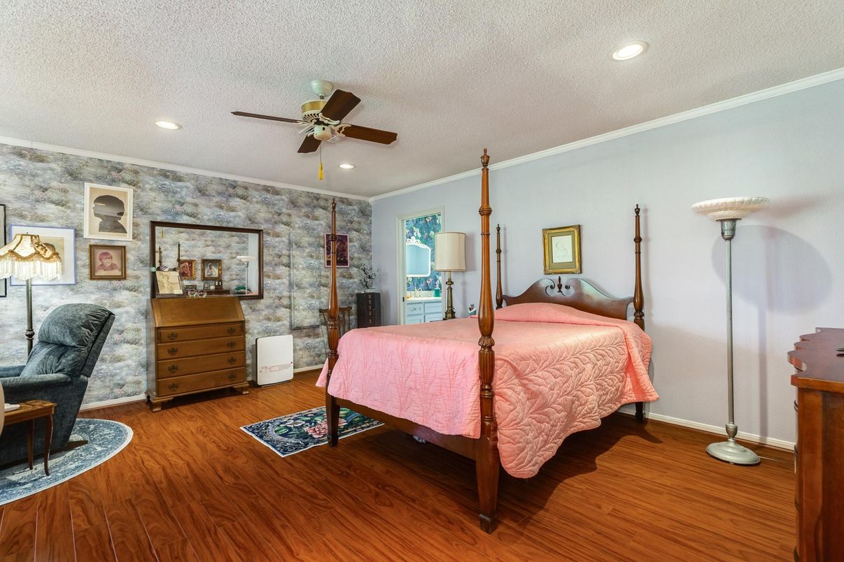 Bedroom, Interior, Recessed Lighting, Stone Walls, Wood Texture Flooring