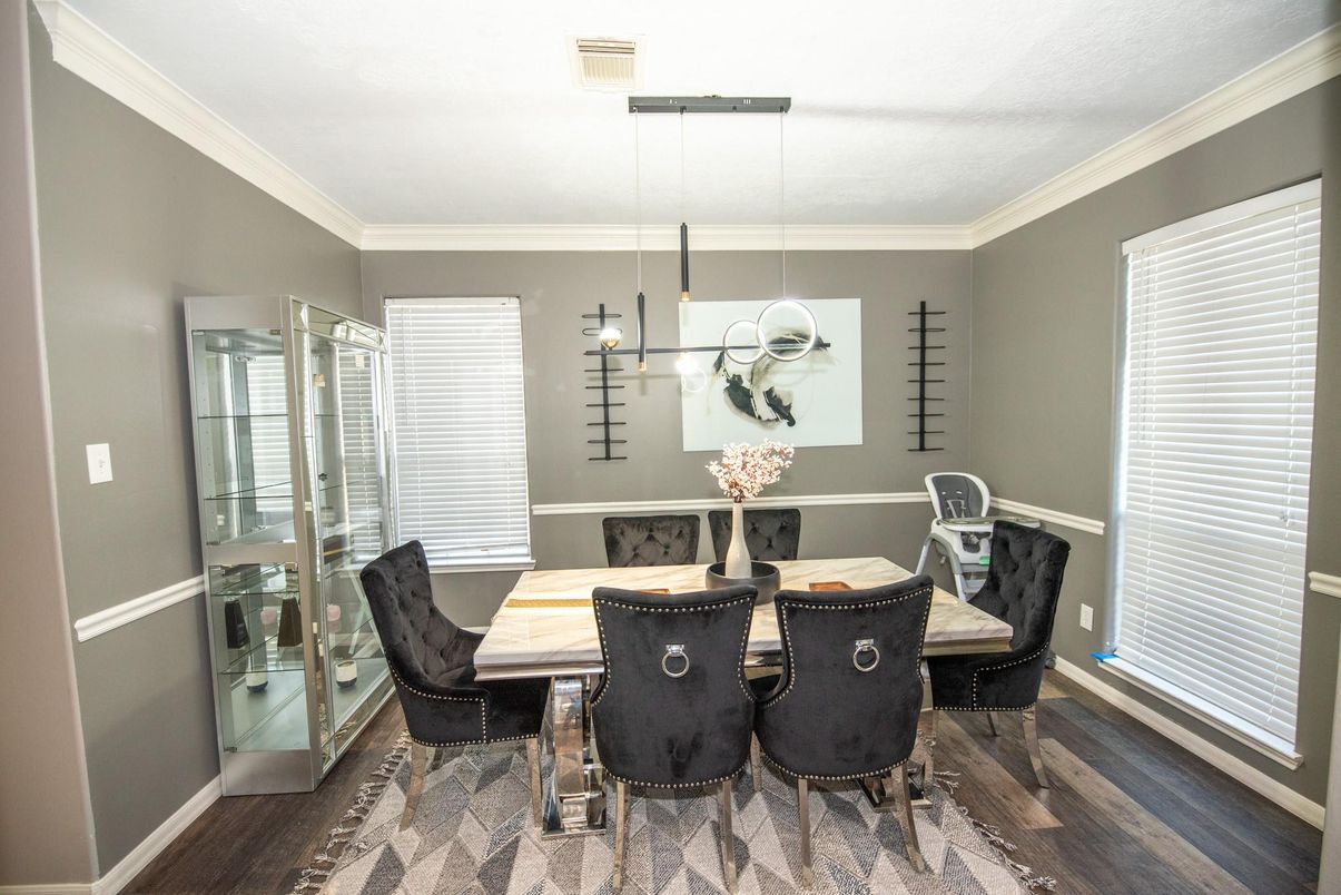 Dining room, Interior, Pendant Lights, Wood Texture Flooring